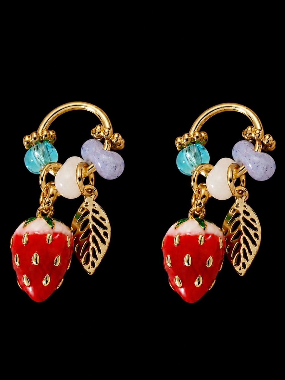 “Red Strawberry” Juicy Yummy Fruit Fruity Bumpy Seeds Leaf Loop Kawaii Earrings